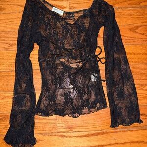 Princess Polly Black Sheer Lace Tie-Front Blouse